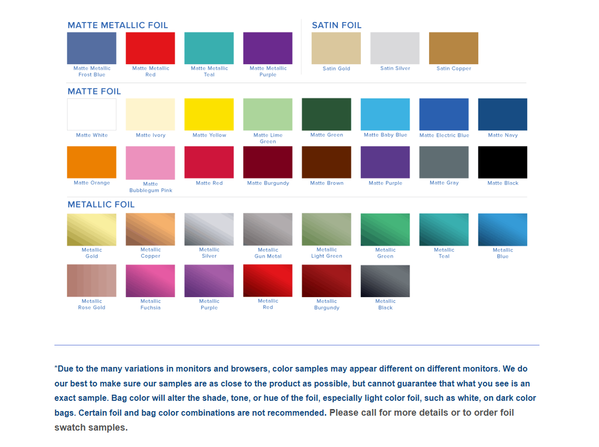 Hot Stamp Color Chart Options